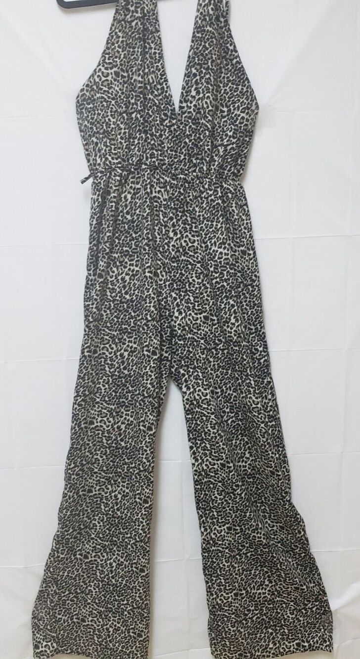 Women's Cheetah Print Open Back Jump Suit  Nana USA Elastic Waist M Pre Owned G